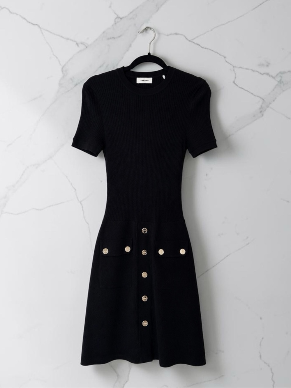 Sandro Paris Eloise Mixed Media Black Mini Dress Gold Button Knit Size